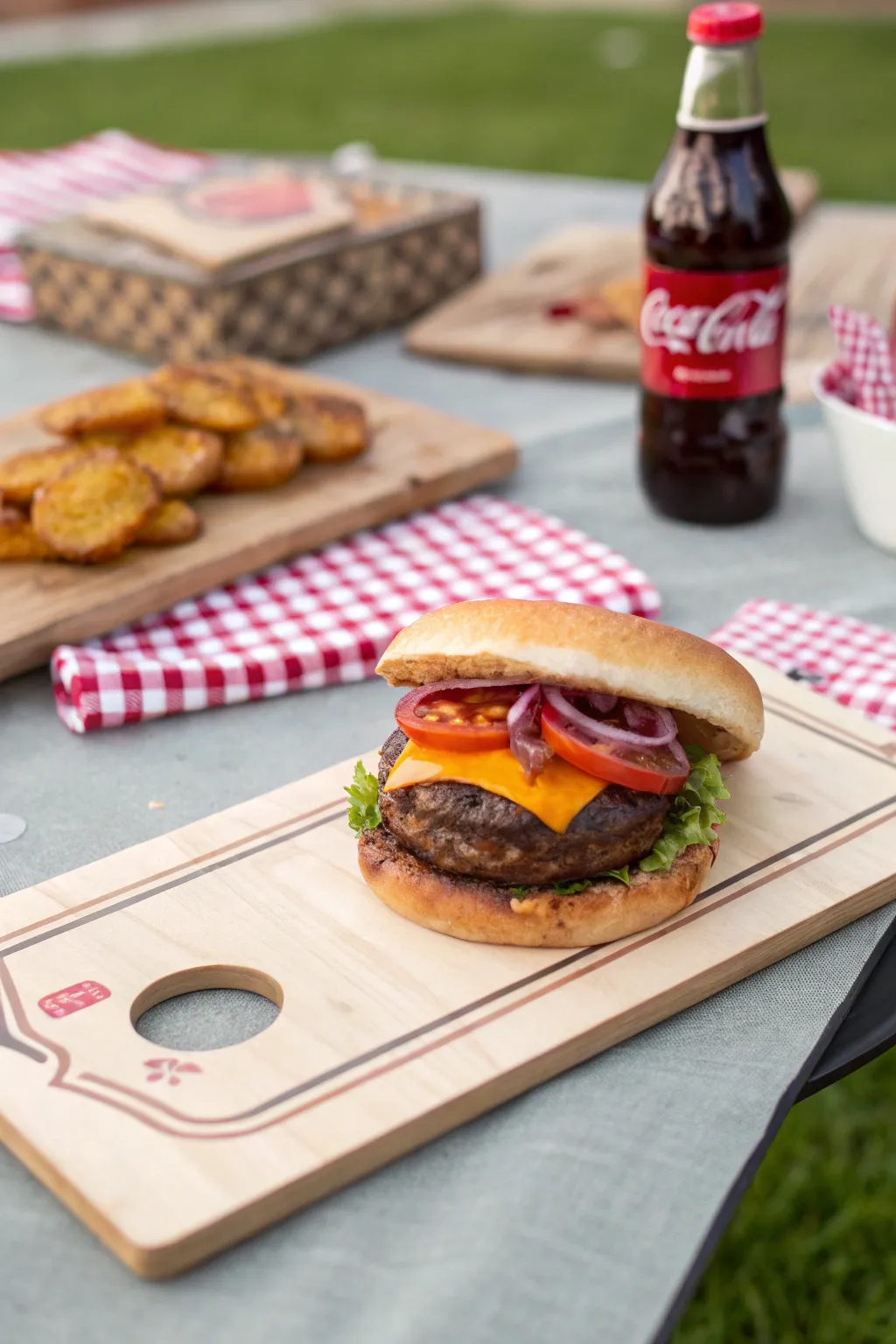 Elevate your cornhole game with a mouthwatering burger-themed board that serves up style and fun.