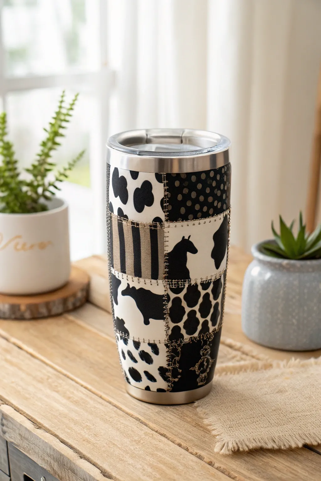 Sip in style with this charming patchwork cow print tumbler, where simplicity meets playful elegance. #ScandiBoho #TumblerLove