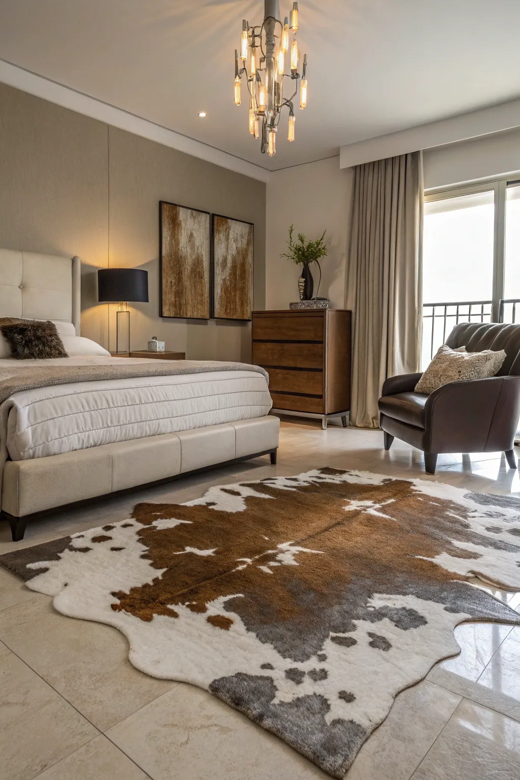 Modern bedroom with a cowhide rug featuring metallic accents.