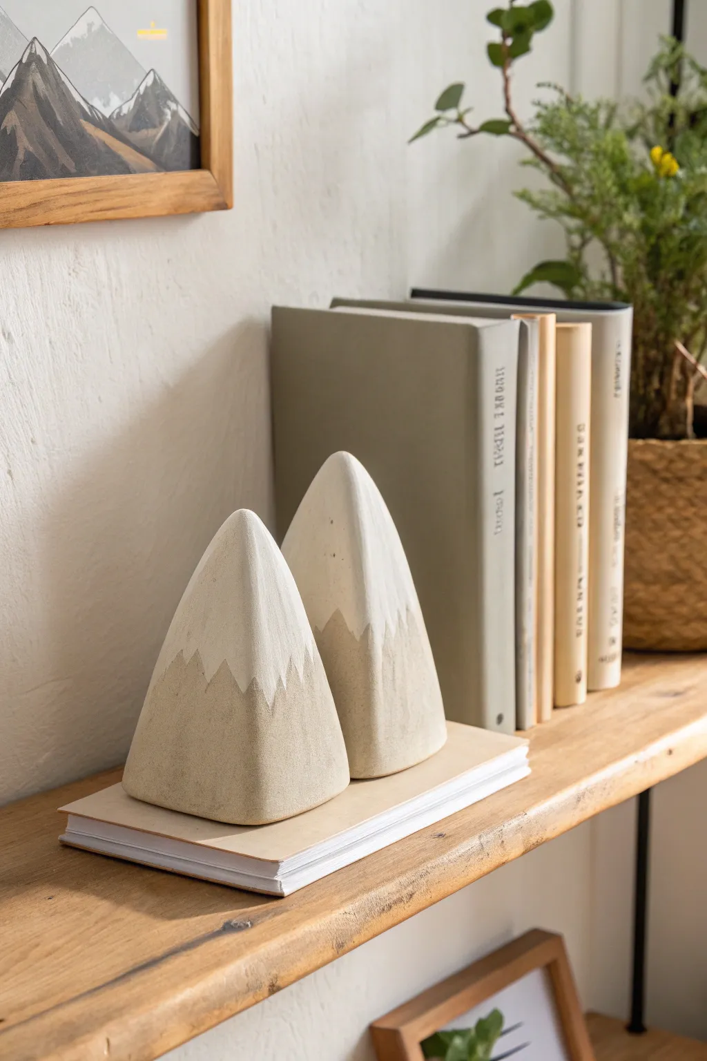 Add a whimsical touch to your shelf with these charming clay mountain bookends.