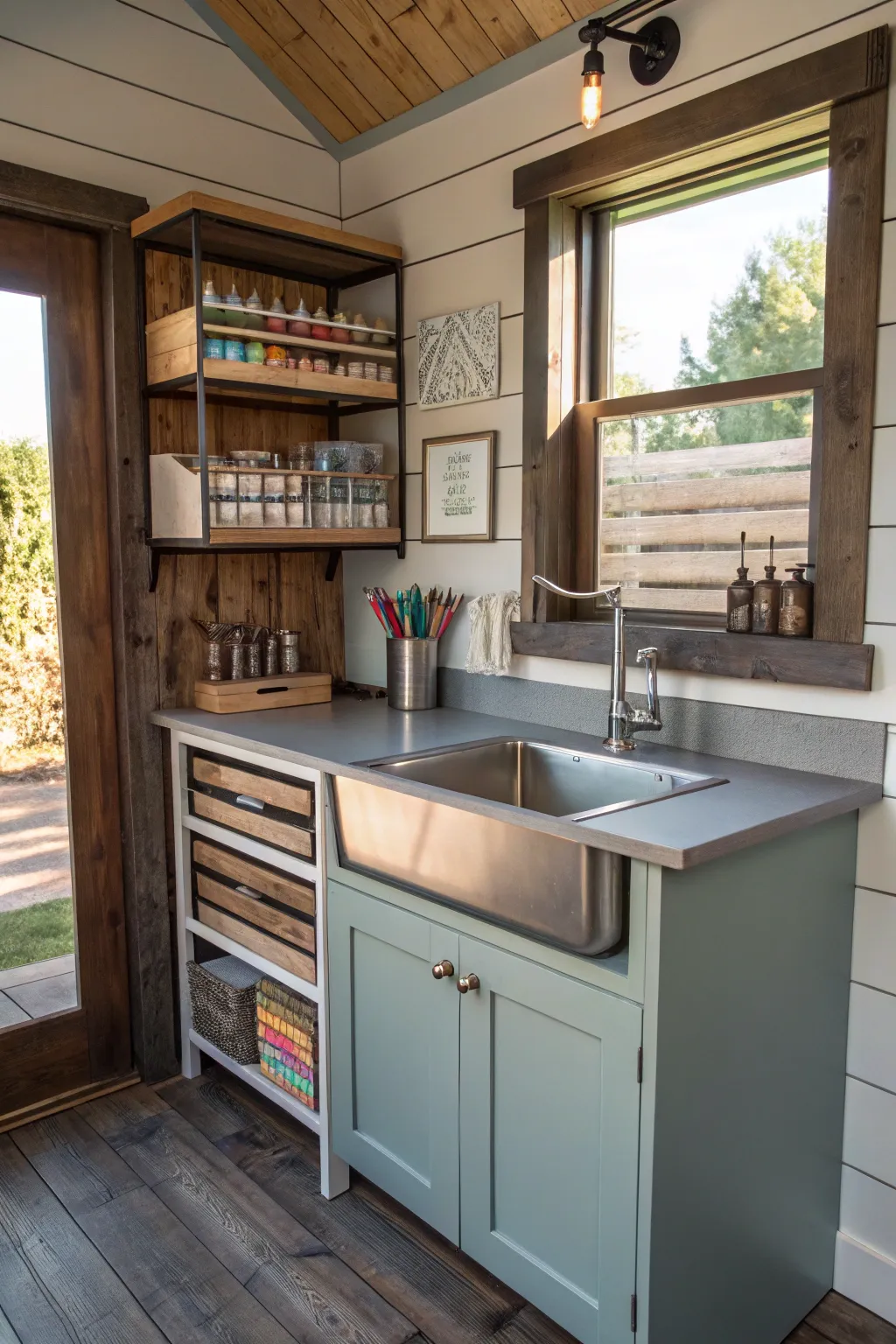 Transform your craft shed with a sleek, space-saving sink for effortless cleanup and organization.