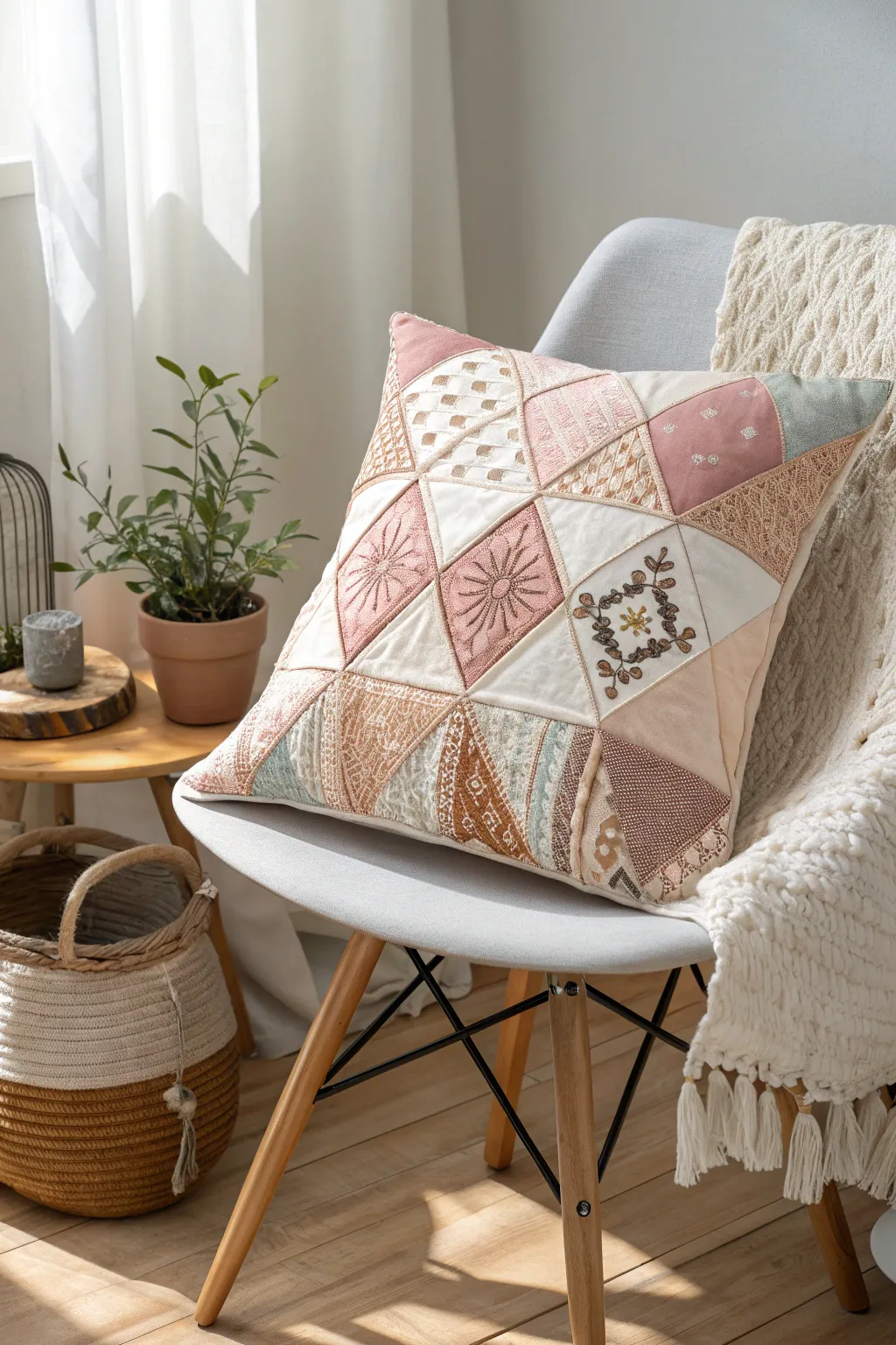 Crafting comfort: Elevate your space with a handmade patchwork pillow.