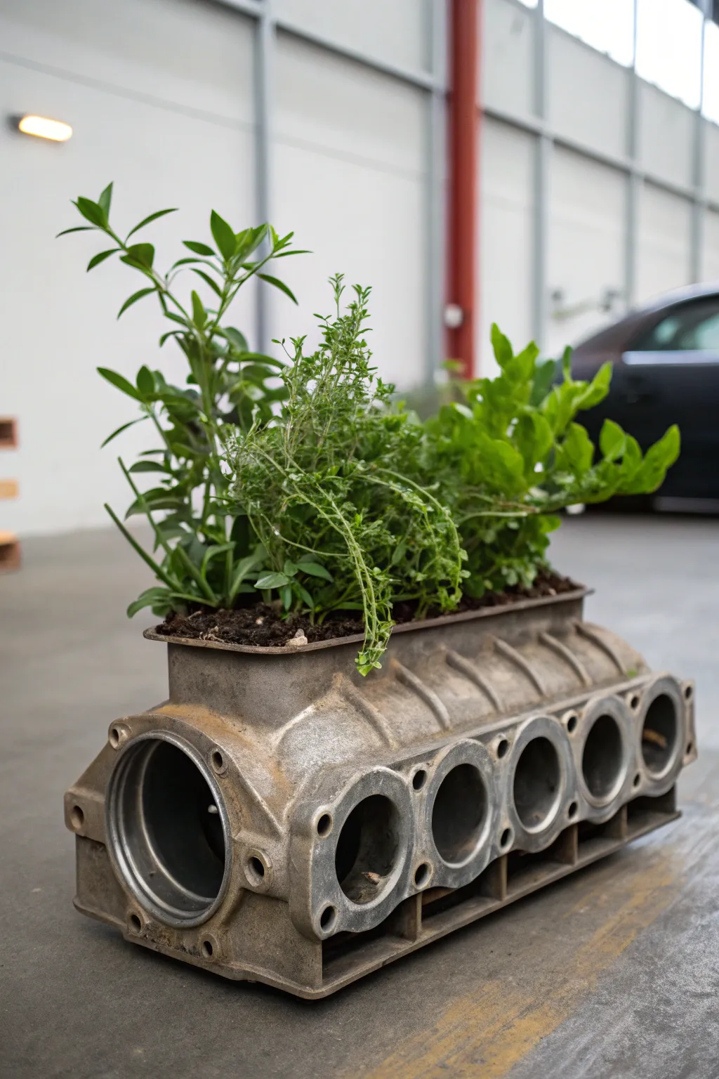 Revamp your space with this striking exhaust manifold planter – where automotive meets nature.