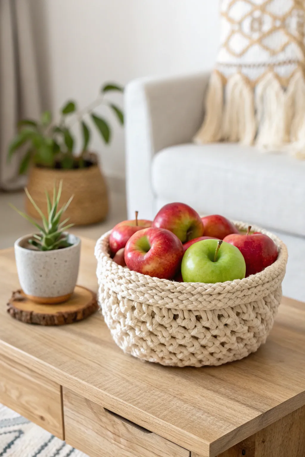 Elevate your coffee table with this charming crochet bowl basket, perfect for adding a touch of natural elegance to your home.