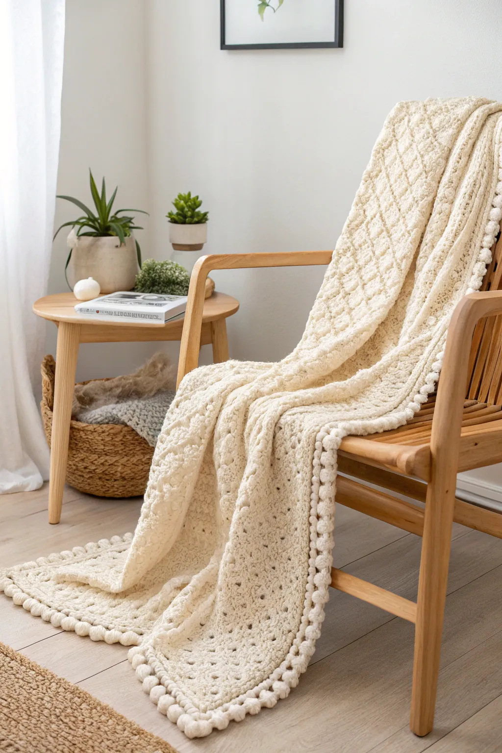Wrap yourself in the cozy charm of the Popcorn Stitch Delight – where texture meets tranquility.