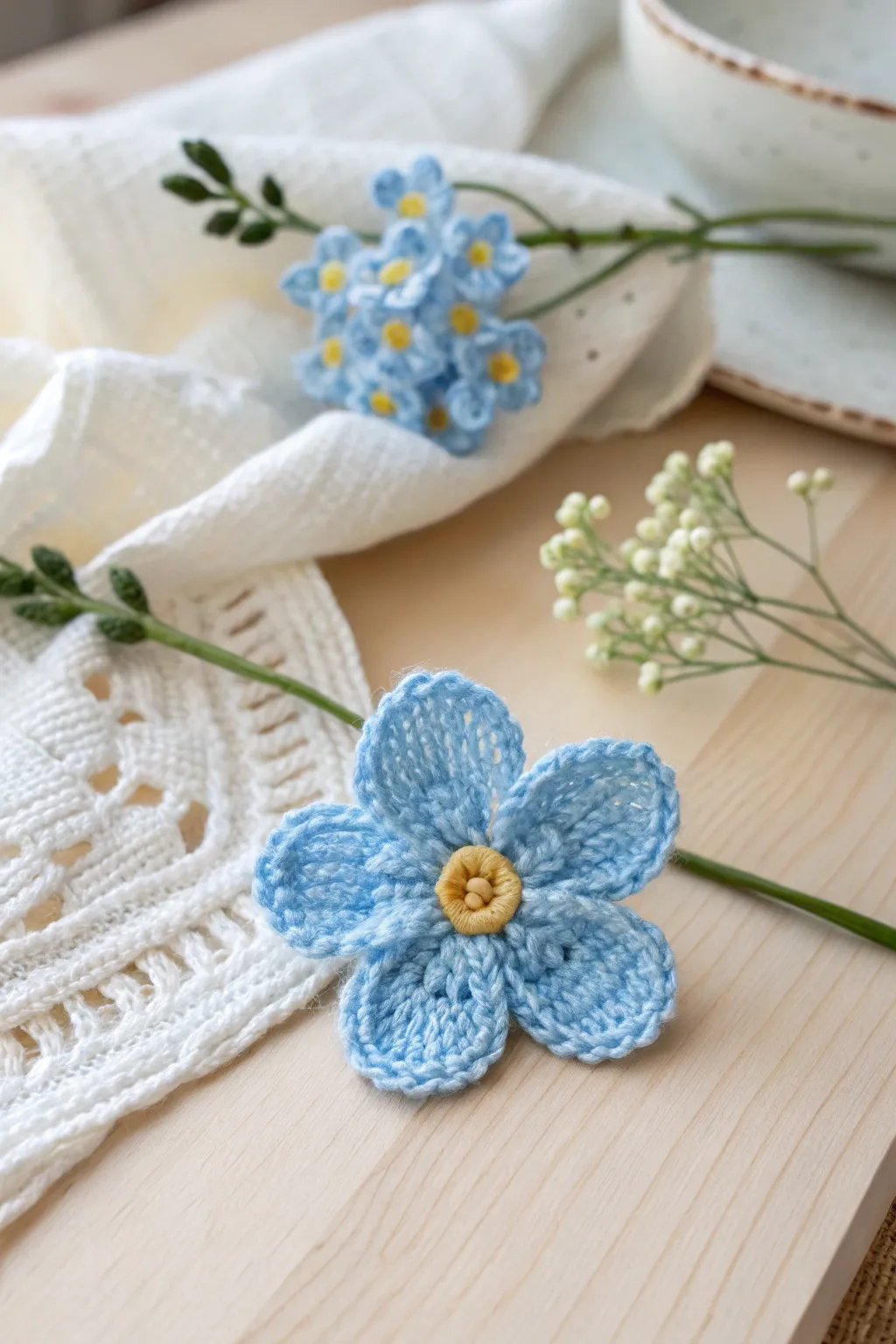 Embrace nostalgia with these charming crochet Forget-Me-Nots, a sweet nod to simplicity and natural beauty.