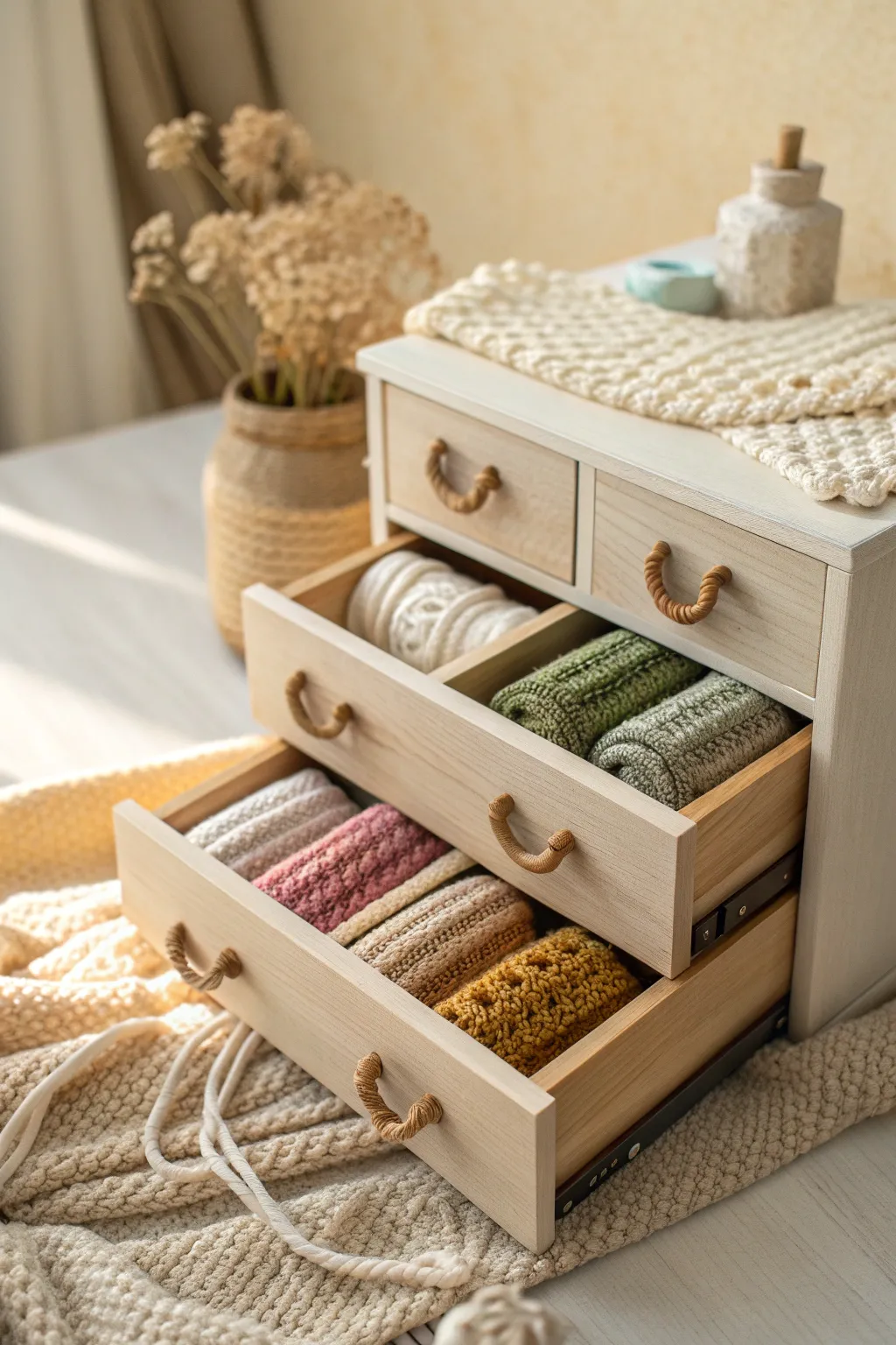 Whimsical organization: Crochet hooks find their perfect home in these beautifully crafted miniature drawers.