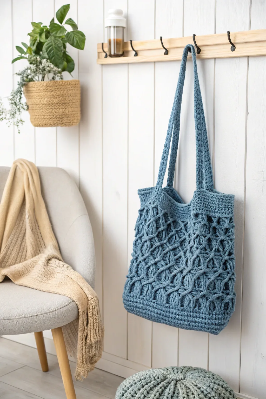 Elevate your casual style with this denim-inspired crochet tote, where simplicity meets artistry.
