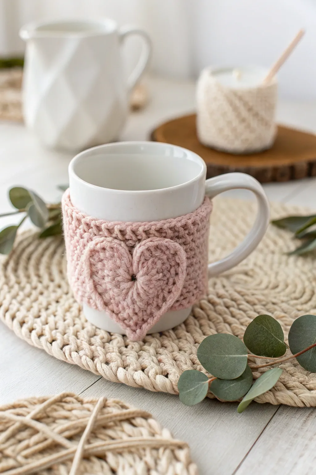 Embrace warmth and simplicity with a handcrafted heart cup cozy, perfect for your favorite mug.