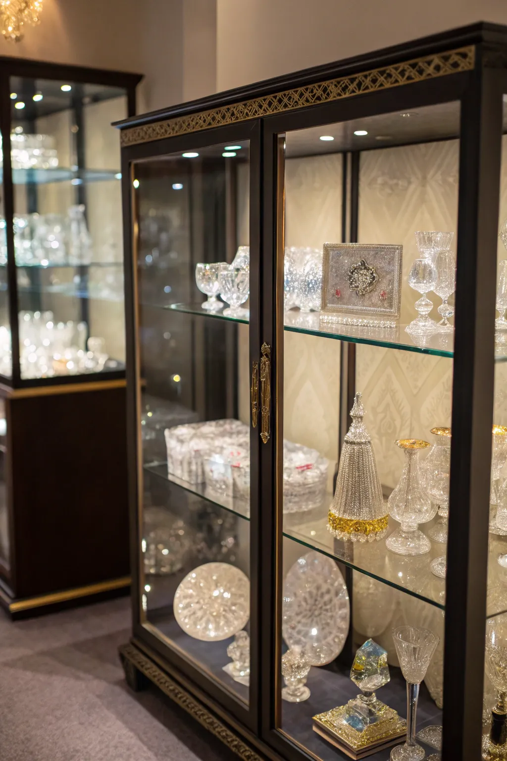A crystal cabinet beautifully displaying a large collection.