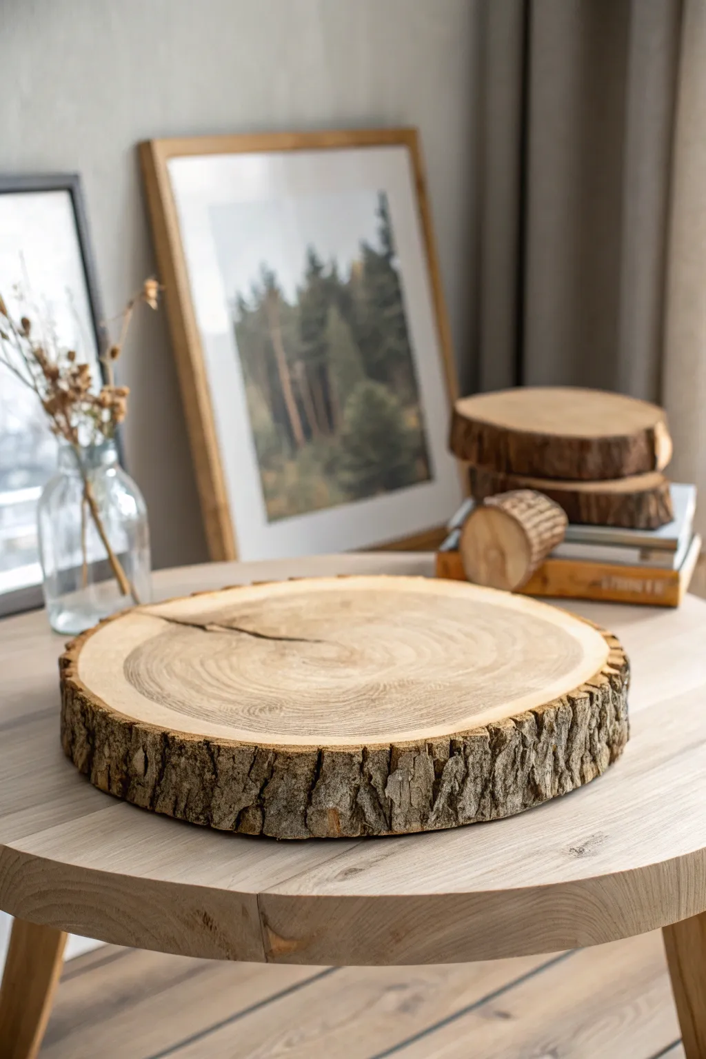 Bring nature indoors with the charming simplicity of rustic wood slice art.