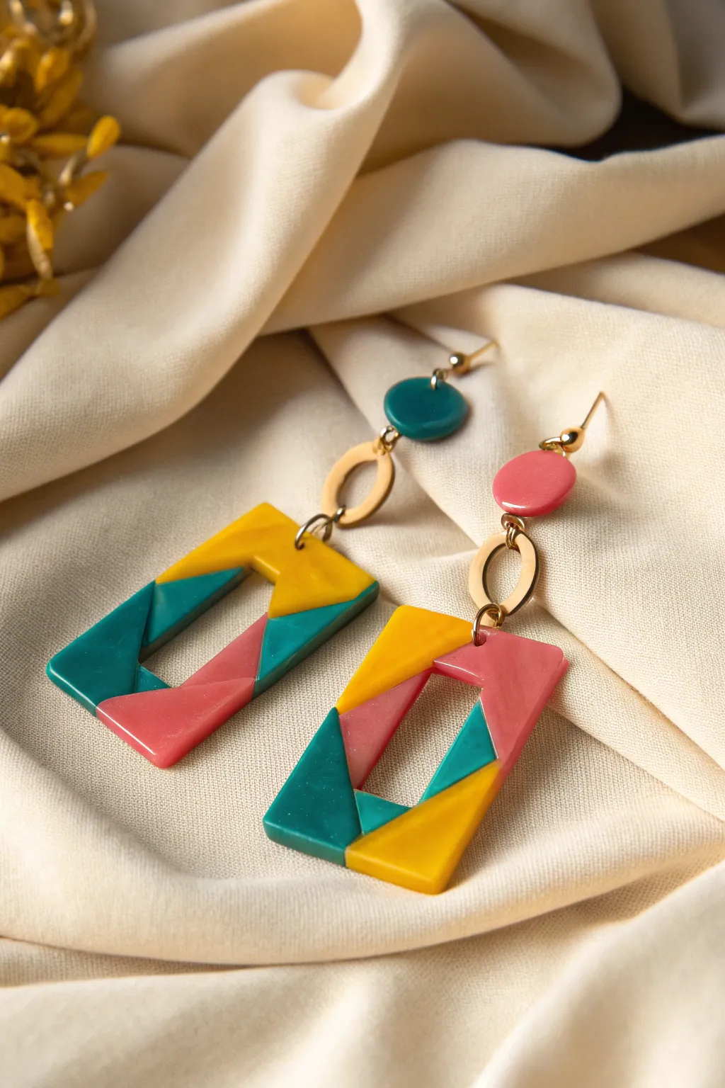 Transform your look with these vibrant geometric acrylic earrings—tiny galleries of modern art for your ears!