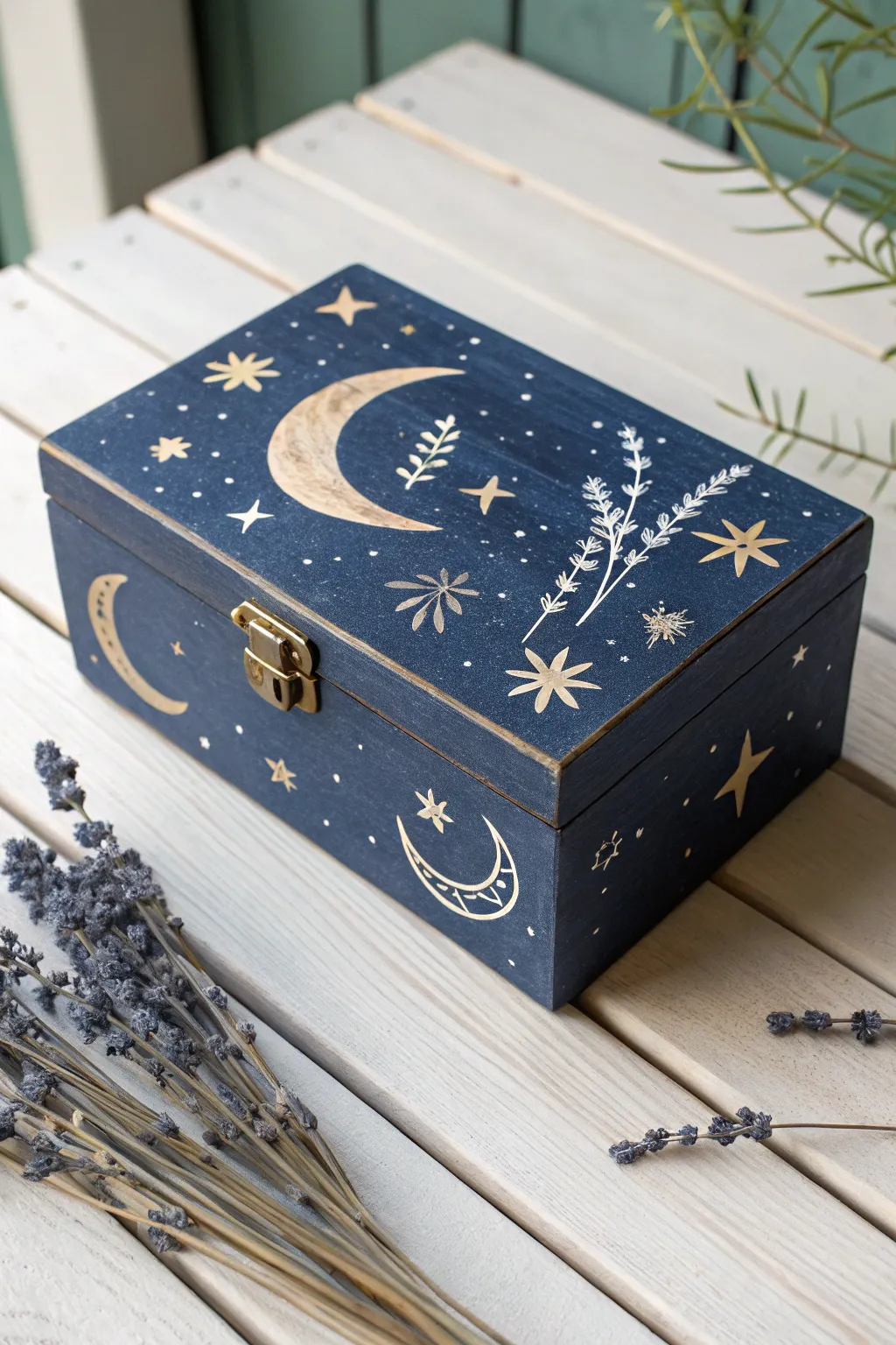 Discover the serene beauty of the night sky with this hand-painted celestial box, a perfect blend of minimalist elegance and Boho charm.