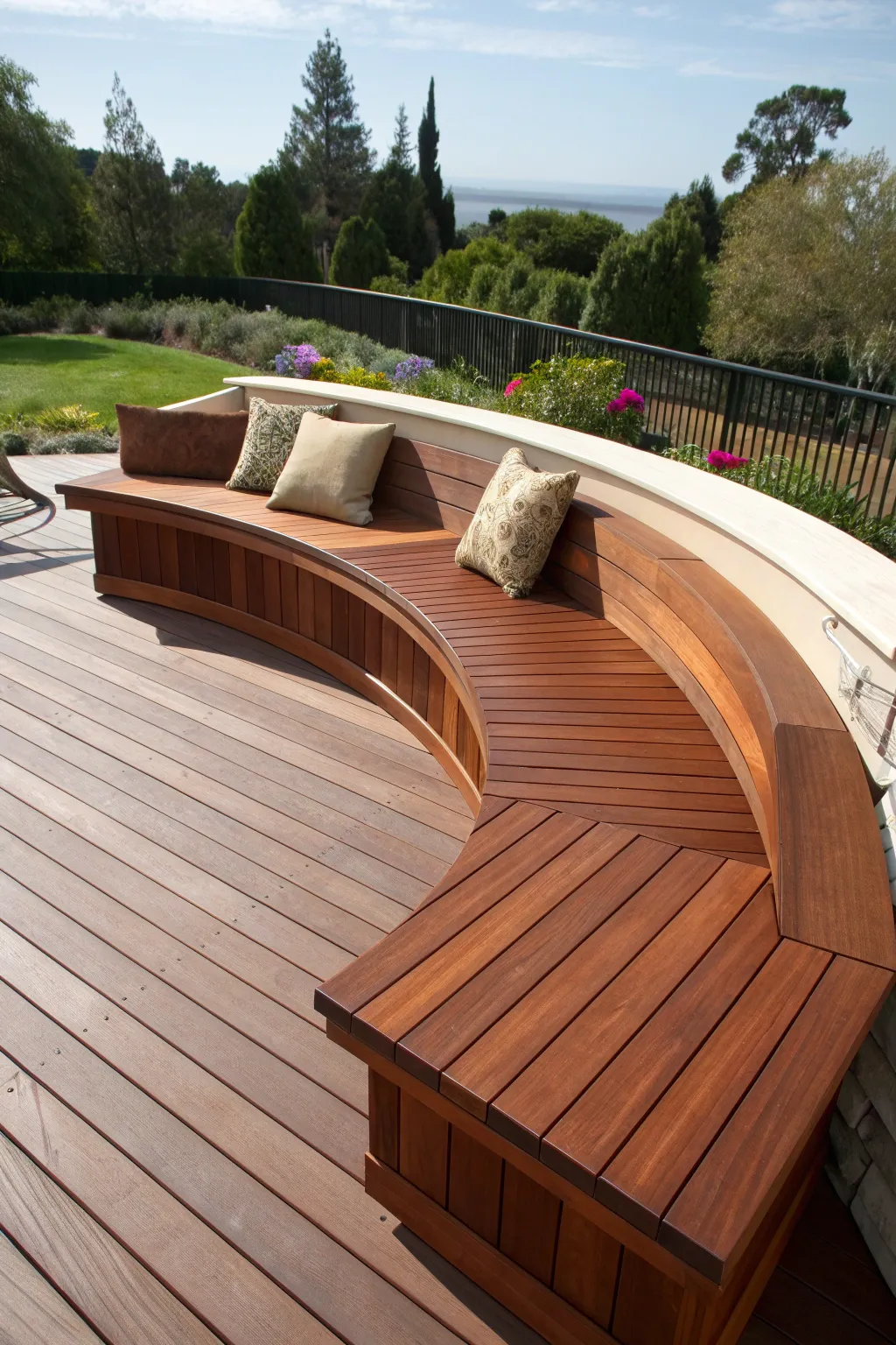 Elevate your deck gatherings with a stunning U-shaped bench that invites comfort and conversation.