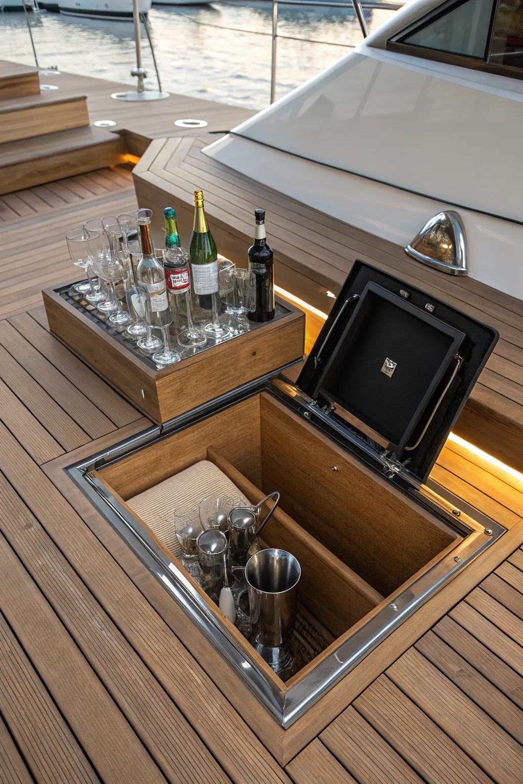 Elevate your gatherings with a hidden pop-up bar—perfect for turning your deck into an elegant entertainment space.