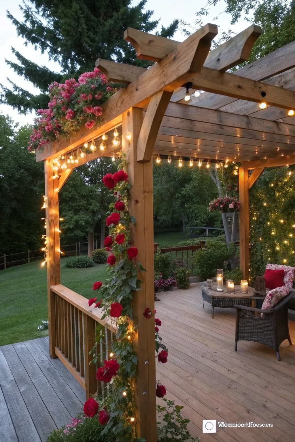 Transform your deck's edge into a romantic retreat with a pergola adorned with fairy lights and climbing roses.
