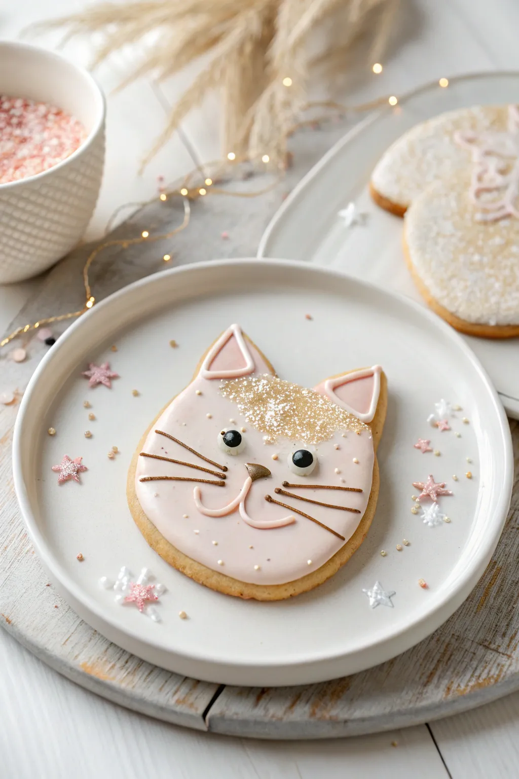 Add a touch of sparkle to your treats with these glittery glam cat cookies, perfect for a chic, minimalist gathering.