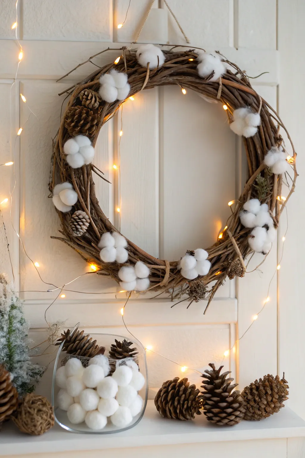 Embrace the magic of a Winter Wonderland with this enchanting grapevine wreath, a perfect blend of simplicity and natural beauty.