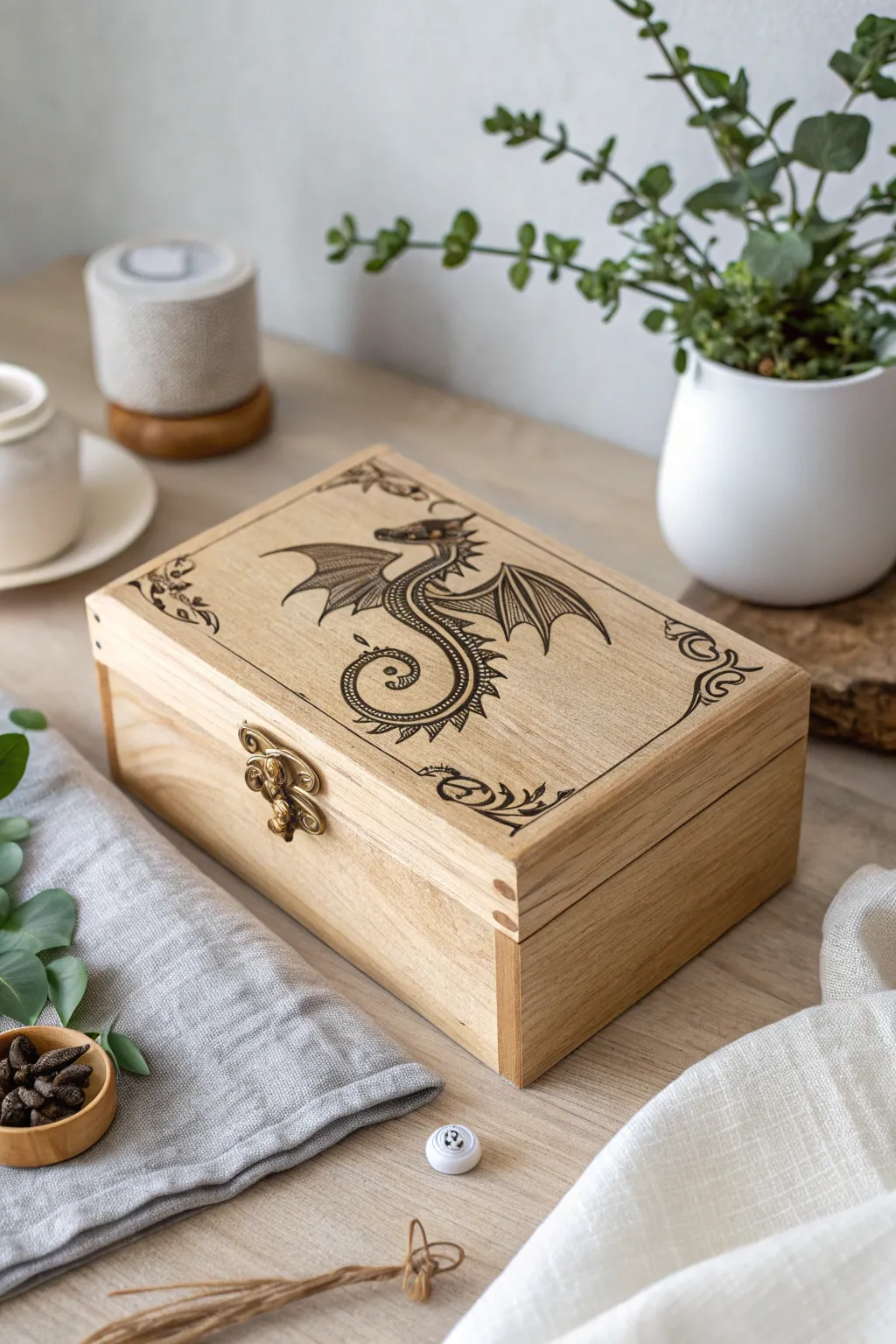 Unleash your imagination with this dragon-themed box, a whimsical masterpiece for your decor.