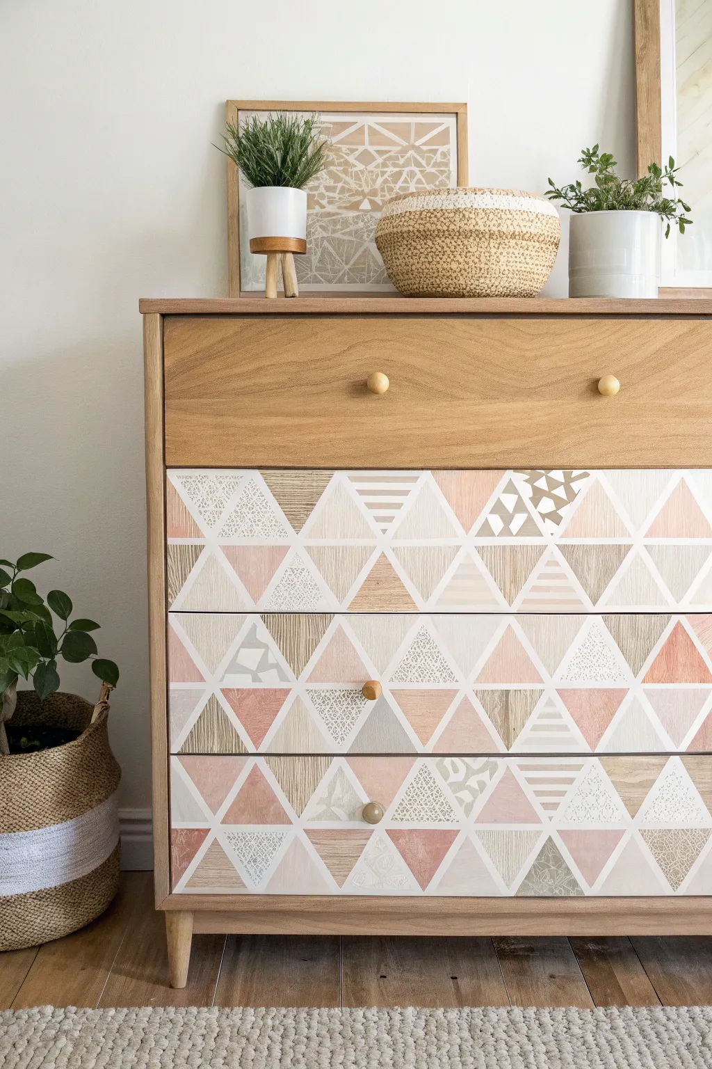Transform your space with chic geometric decoupage on drawers — where modern edge meets natural elegance.