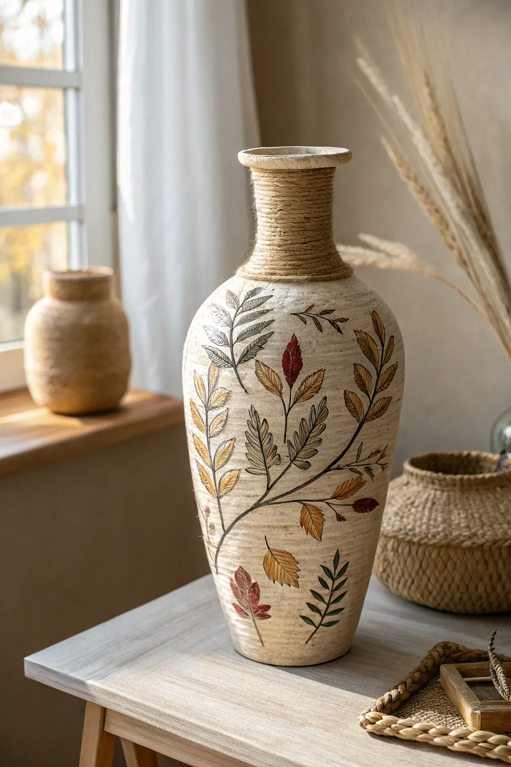 Discover the rustic charm of nature's textures with this handcrafted decoupage vase.