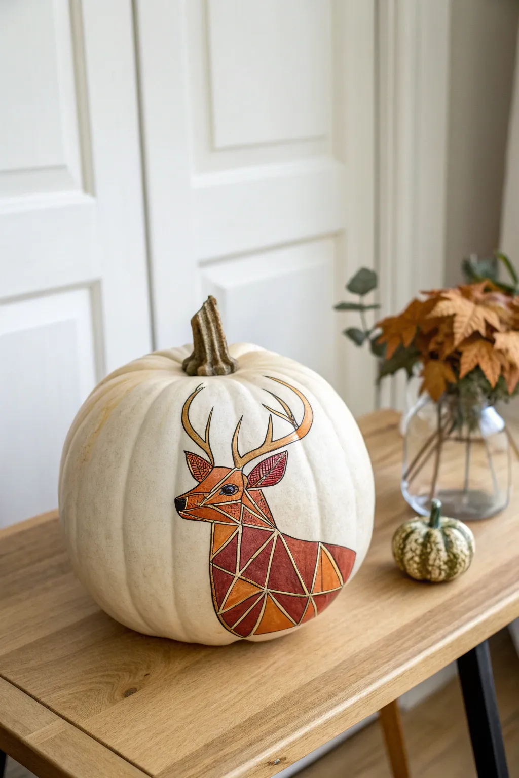 Transform your autumn décor with a chic geometric deer pumpkin, blending minimalist elegance with bohemian flair.