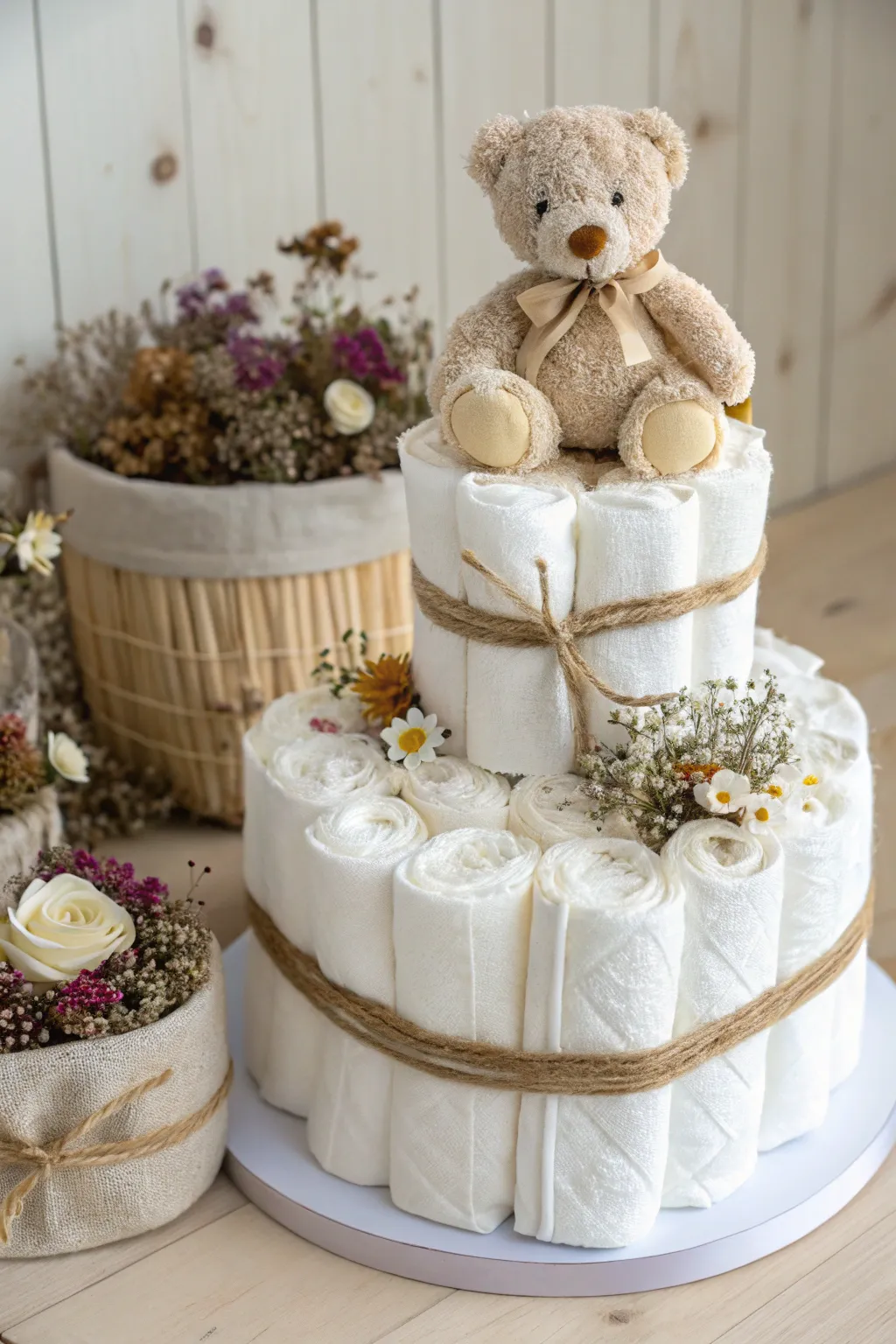 Add a heartwarming touch to your diaper cake with a cuddly toy topper that parents will adore. 🎁🐻