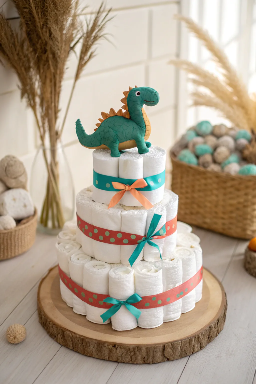 Add a splash of color to your diaper cake with vibrant ribbons for a lively, minimalist touch.