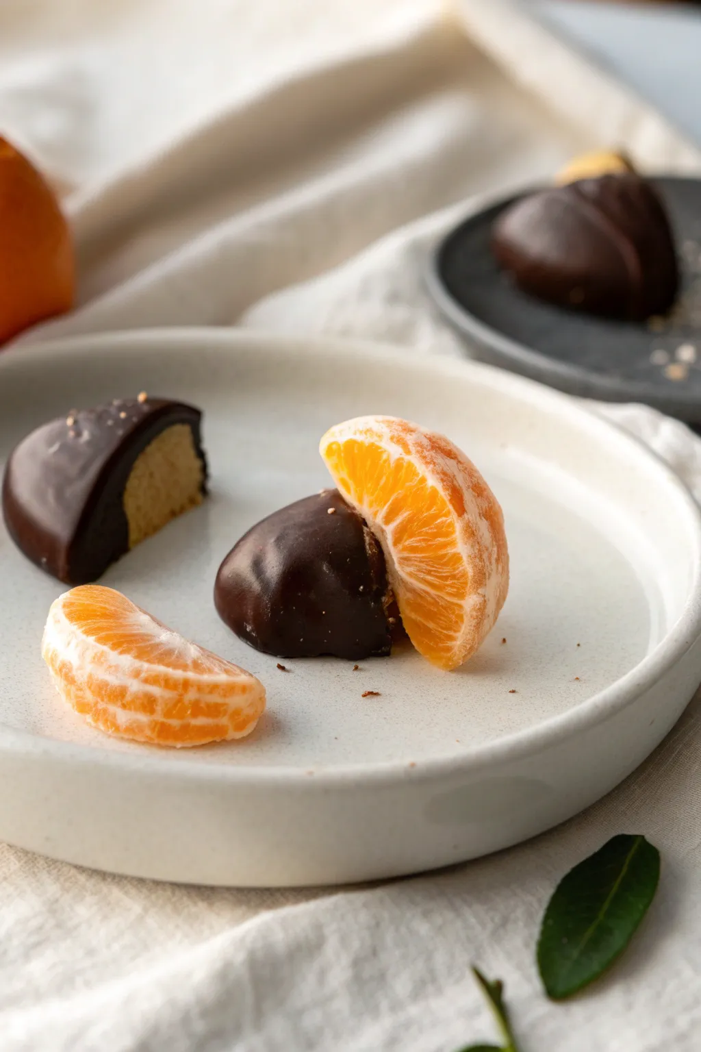 Indulge in the zesty elegance of chocolate-dipped orange segments.