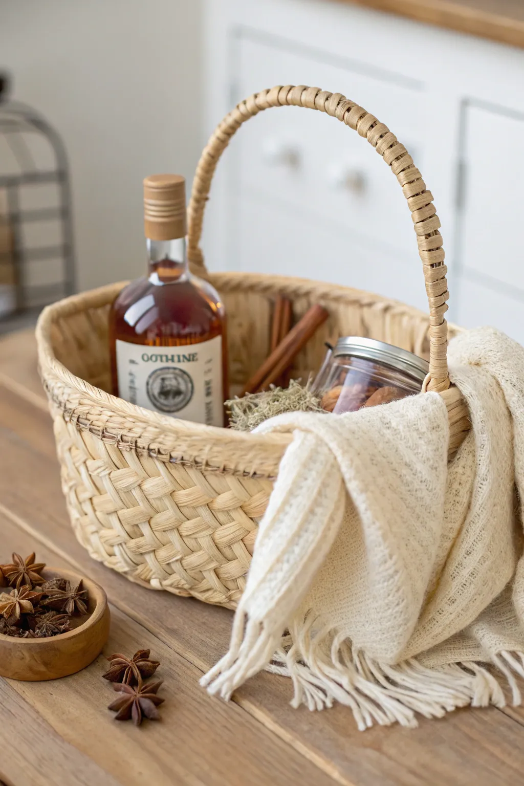 Warm up winter with a touch of elegance: a spiced rum basket that's both cozy and chic.