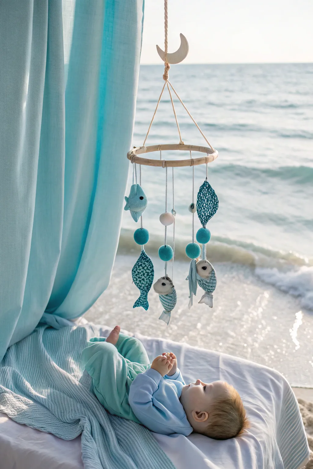 Dive into dreamy adventures with this serene underwater-themed baby photoshoot setup at home.