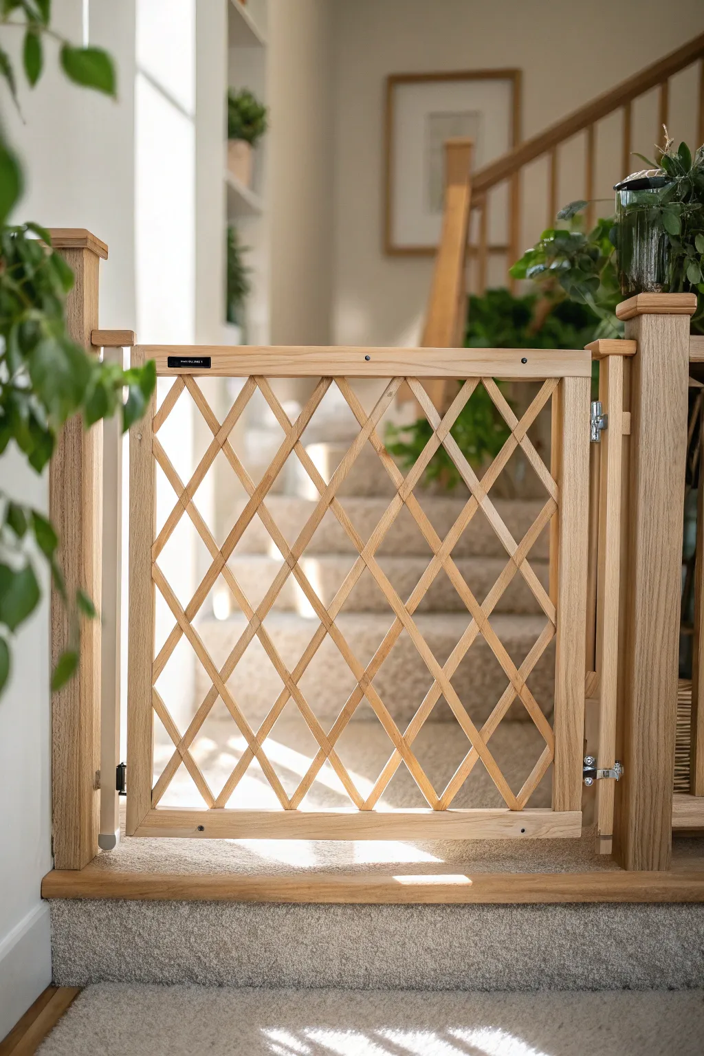 Bring the outdoors in with this elegant wooden lattice baby gate, blending safety and style in your home.