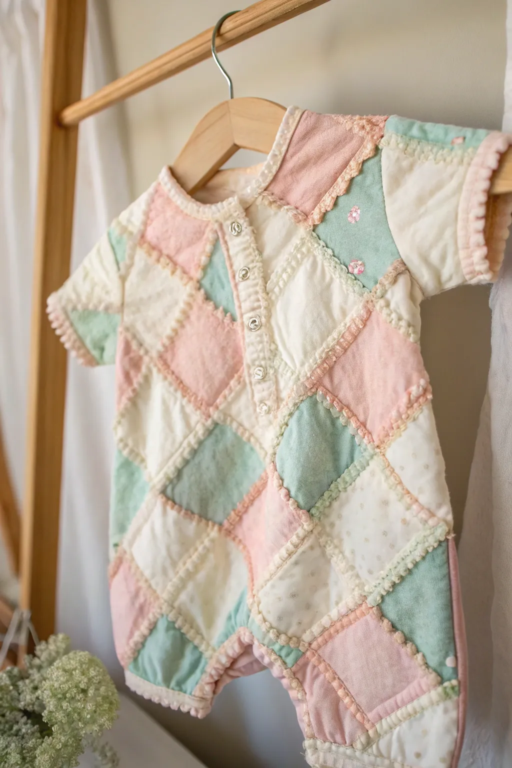 Turn fabric scraps into a charming patchwork baby onesie—where minimalism meets boho elegance!