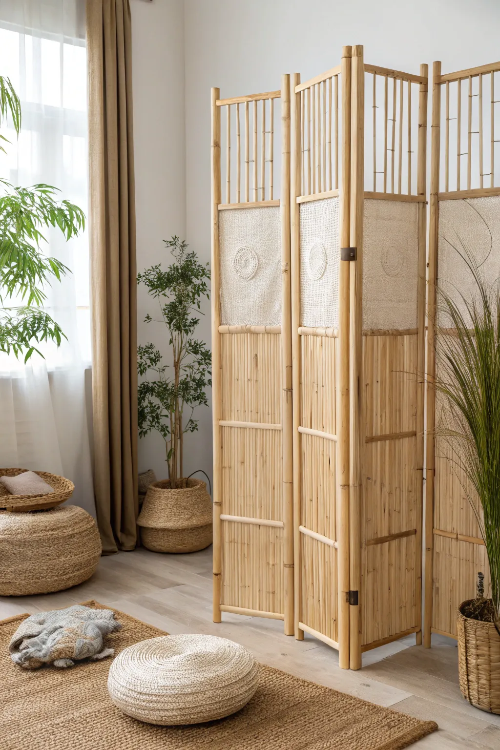Transform your space with a chic bamboo wall divider, blending privacy with style and natural elegance.
