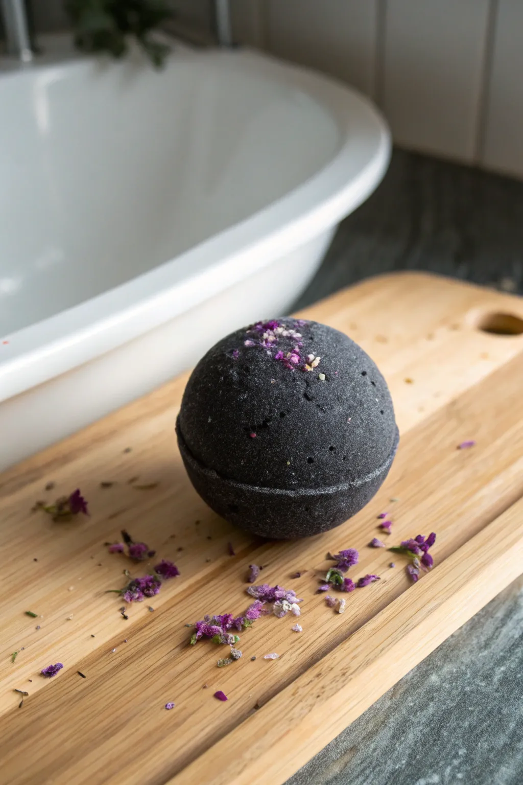 Embrace the mystery of a moonlit soak with this handcrafted charcoal lavender bath bomb.