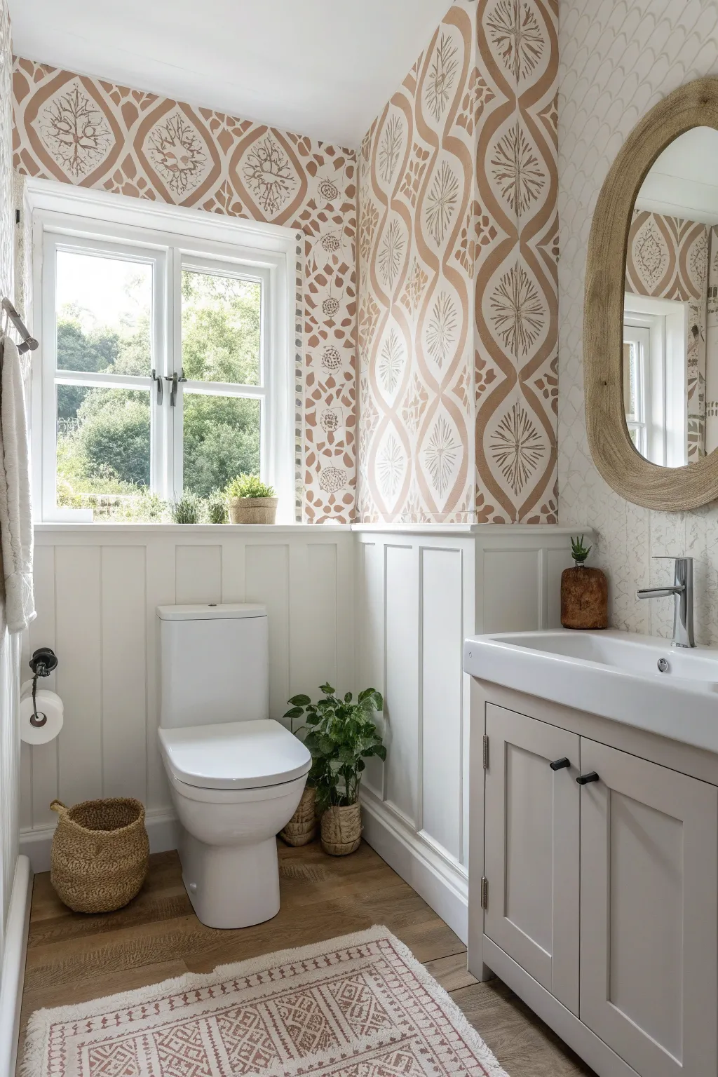 Transform your bathroom into a serene escape with a stunning feature wall that combines Scandinavian minimalism with Boho charm.