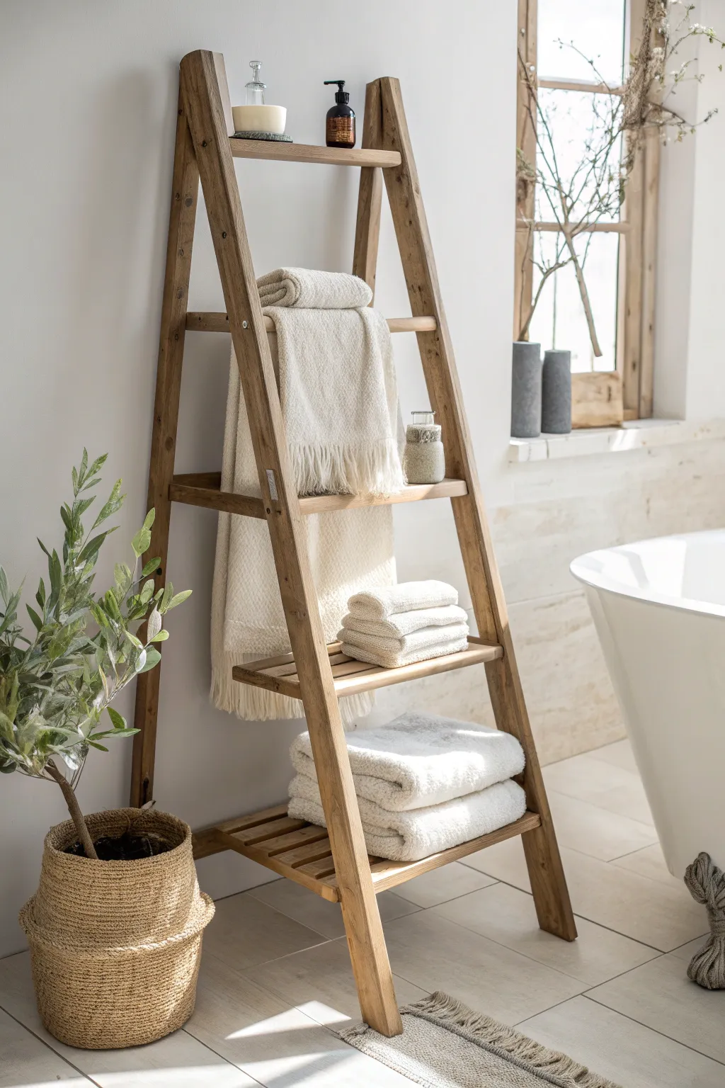 Elevate your bathroom aesthetic with a vintage ladder for linen storage—where minimalist design meets Boho charm.