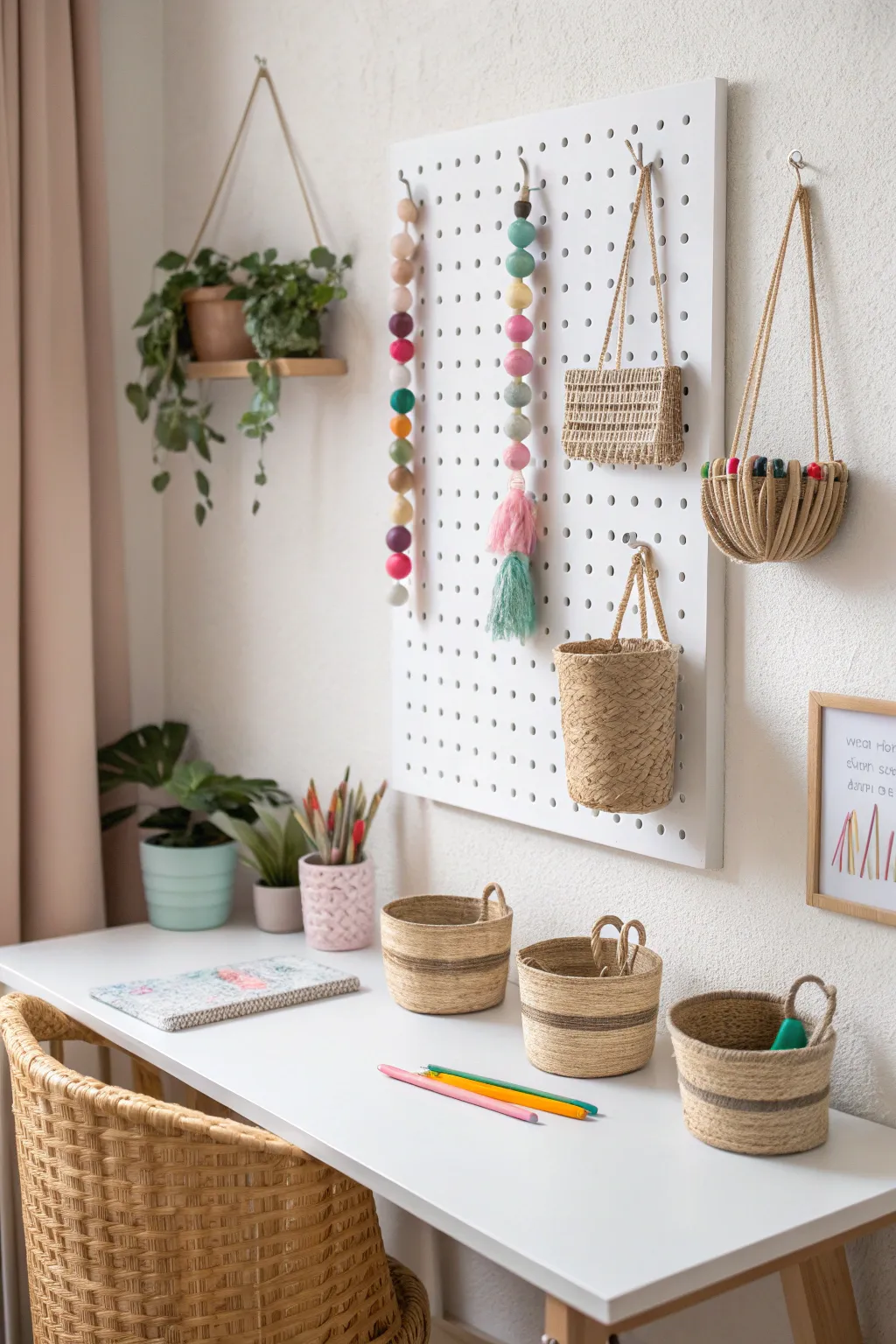 Organize your creativity with a chic pegboard setup – where Scandinavian minimalism meets Boho charm.
