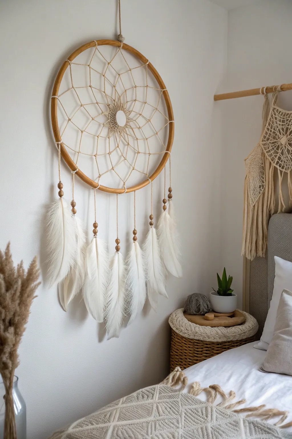Embrace tranquil dreams with this handcrafted dreamcatcher, the perfect touch of boho charm for your minimalist sanctuary.