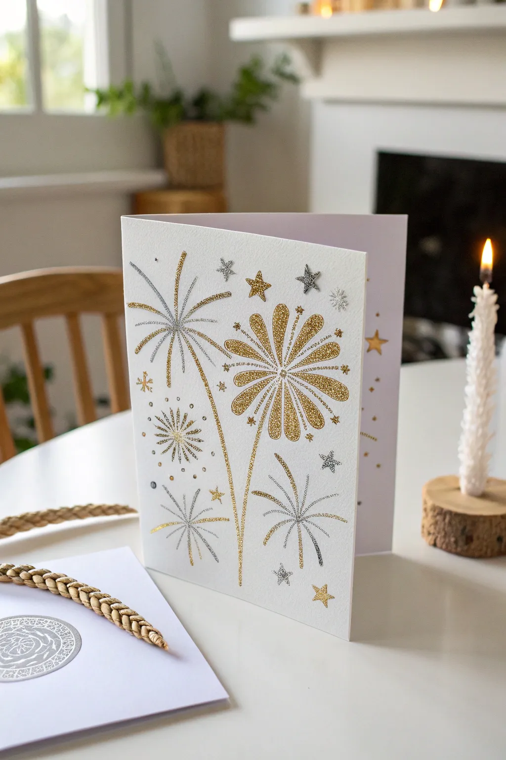 Sparkle and simplicity: A handcrafted glittery fireworks card perfect for adding a touch of magic to any toddler's birthday.