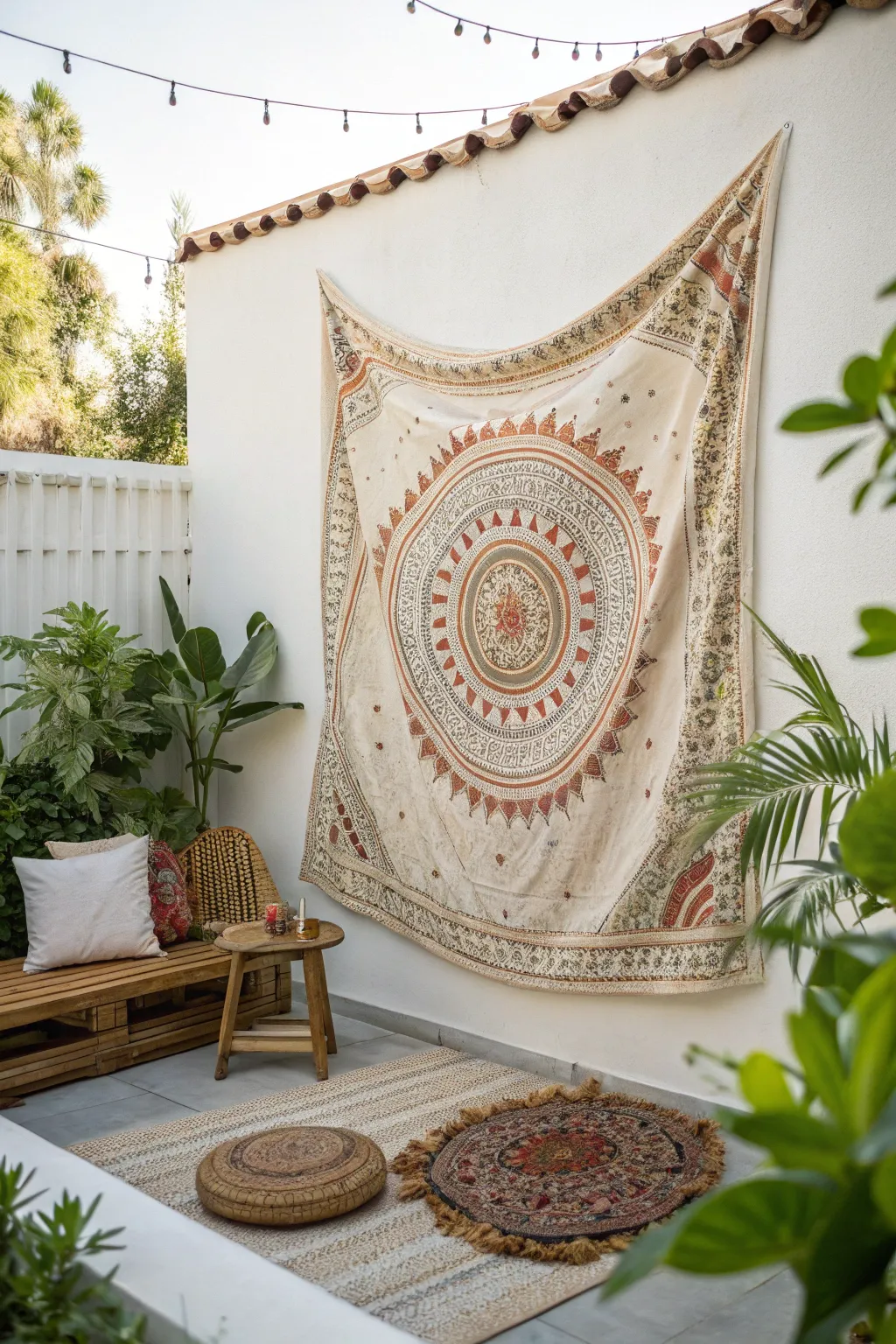 Elevate your backyard party with a stunning boho tapestry backdrop that adds depth and natural beauty.