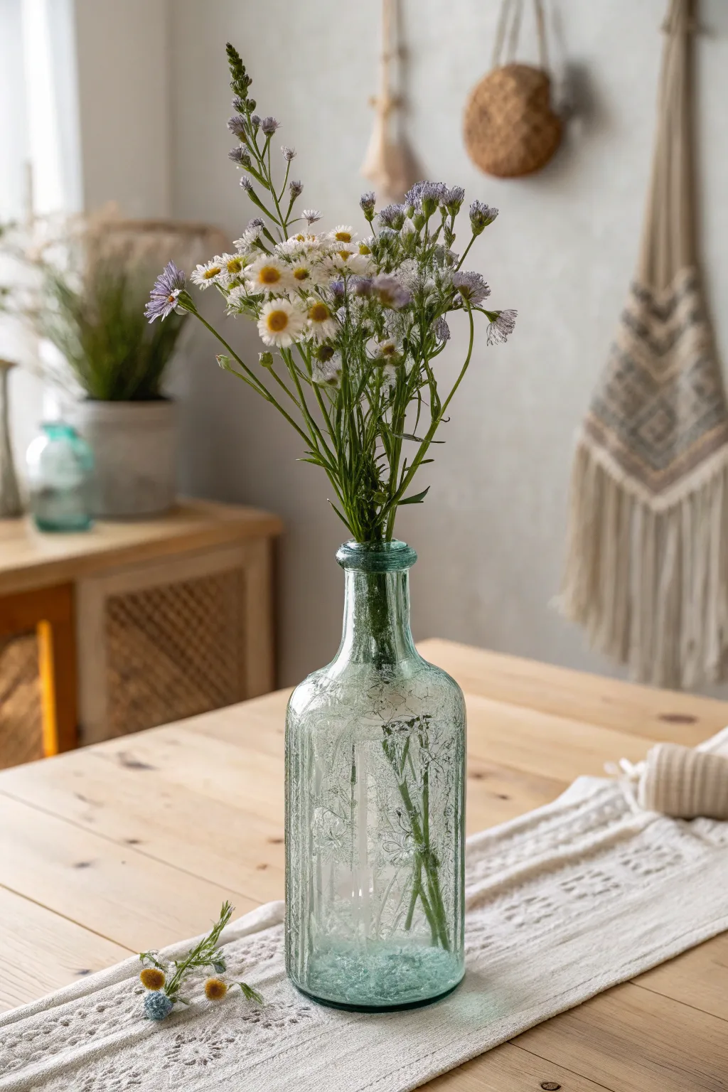 Transform your table with eco-chic elegance using upcycled glassware as charming boho centerpieces.