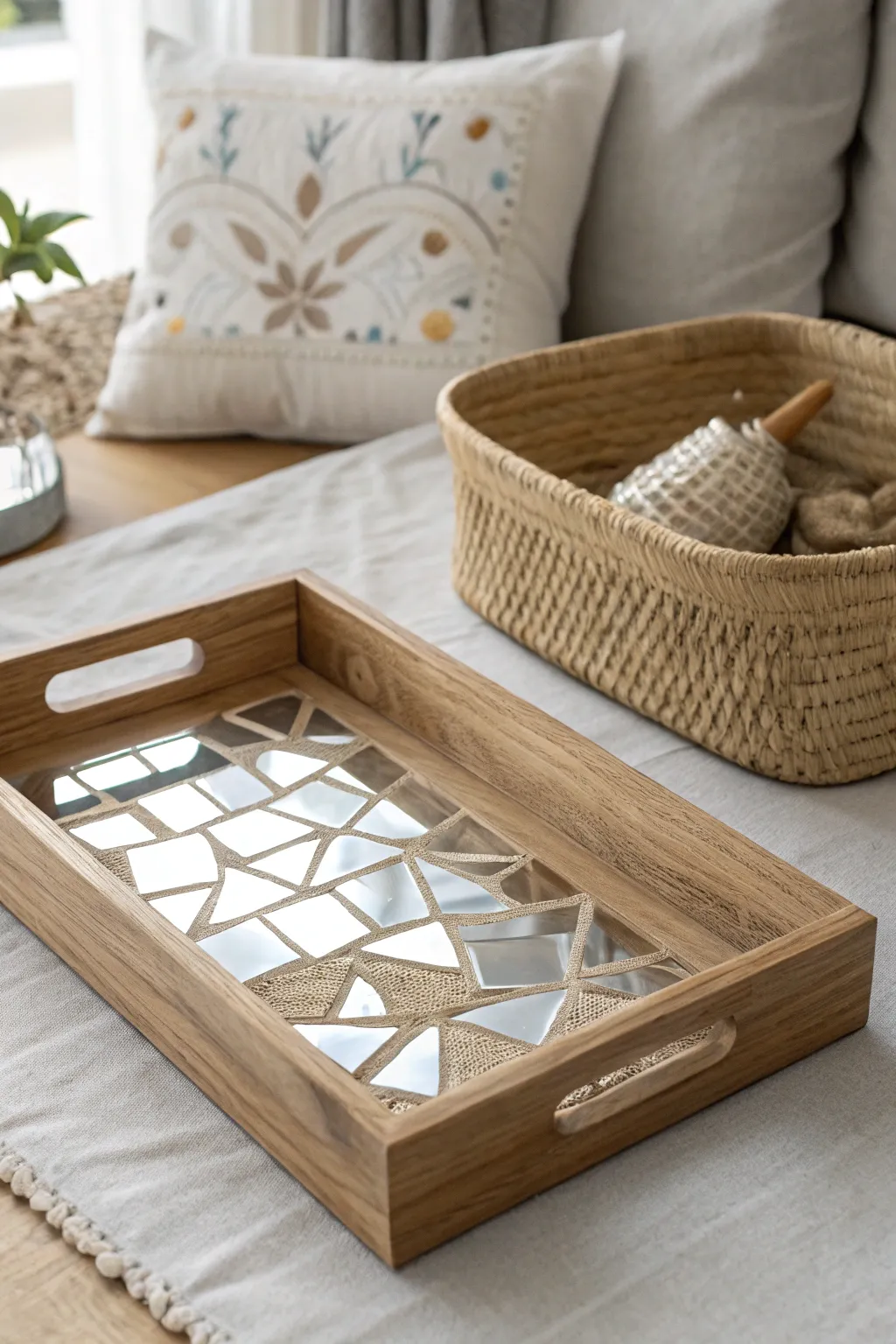 Elevate your space with this stunning DIY mirror tray, where minimalism meets boho charm.