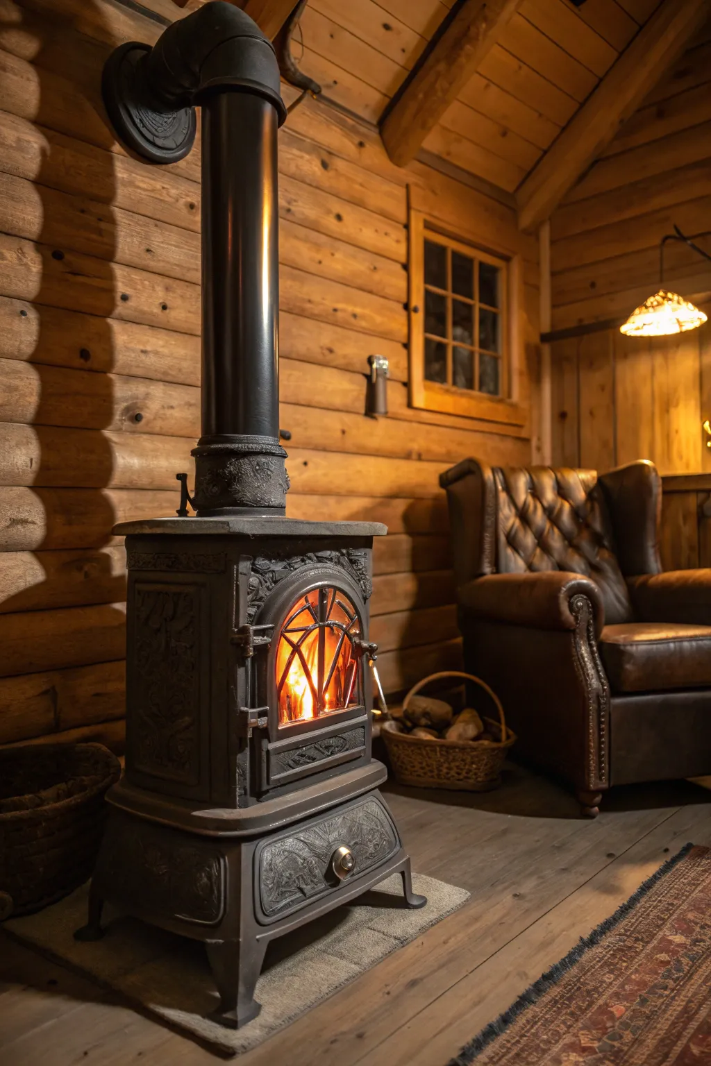 Embrace the warmth and tradition with a classic wood stove centerpiece in your cozy cabin retreat.