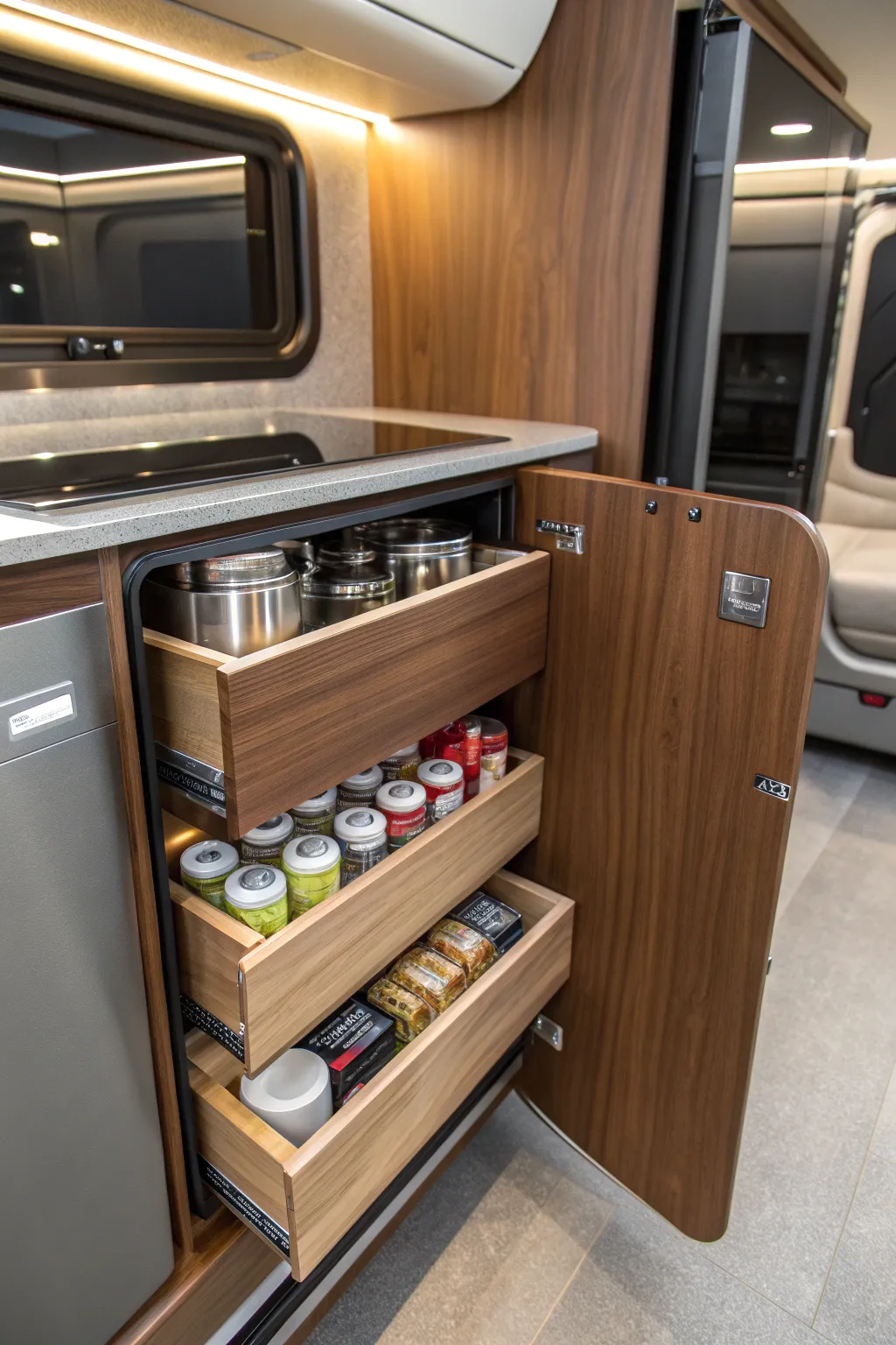 Maximize your campervan space with a stylish sliding pantry shelf—where efficiency meets elegance.
