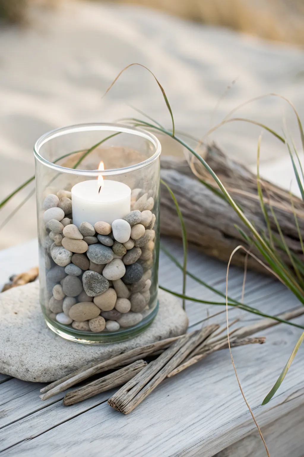 Bring the calming essence of the beach into your home with this elegant pebble candle jar.