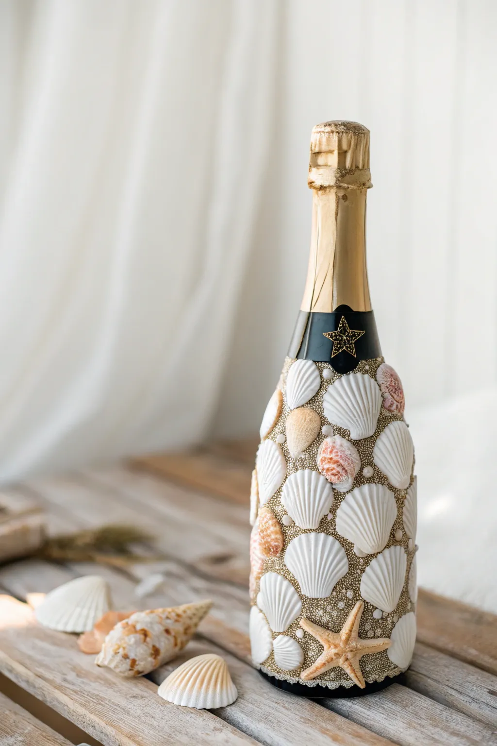 Bring the beach to your celebration with this chic seashell-adorned champagne bottle.