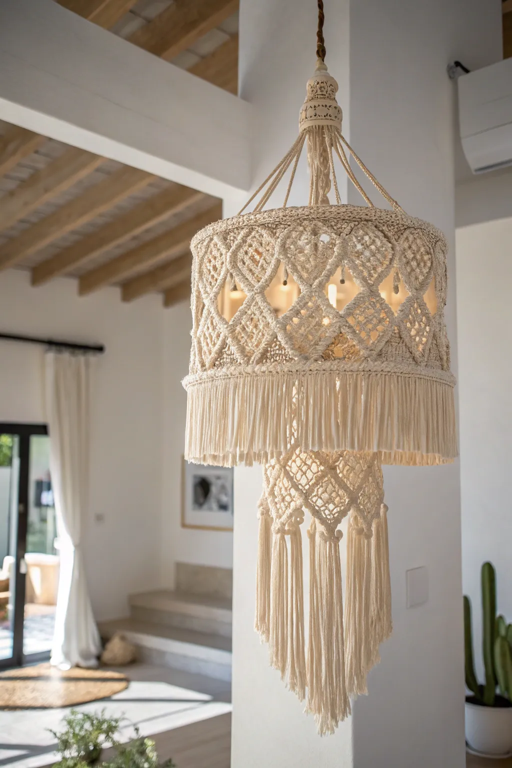 Elevate your space with boho charm - a macramé chandelier that brings warmth and artistry to any room.