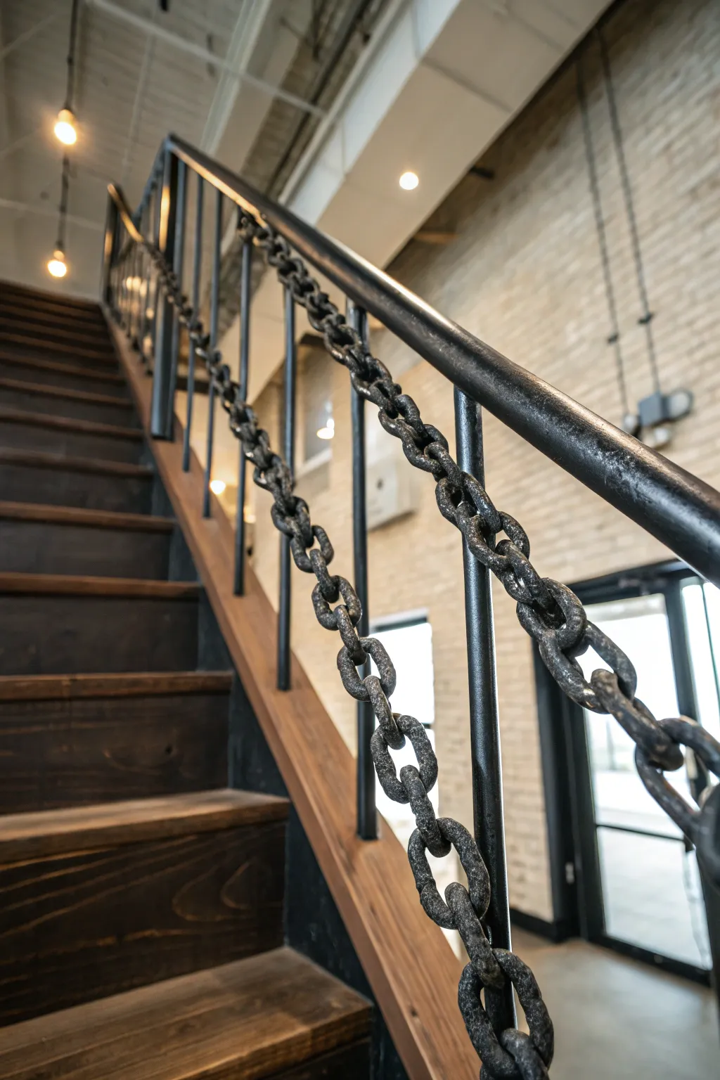 Transform your stairs with industrial chain railings for a bold, rugged charm.
