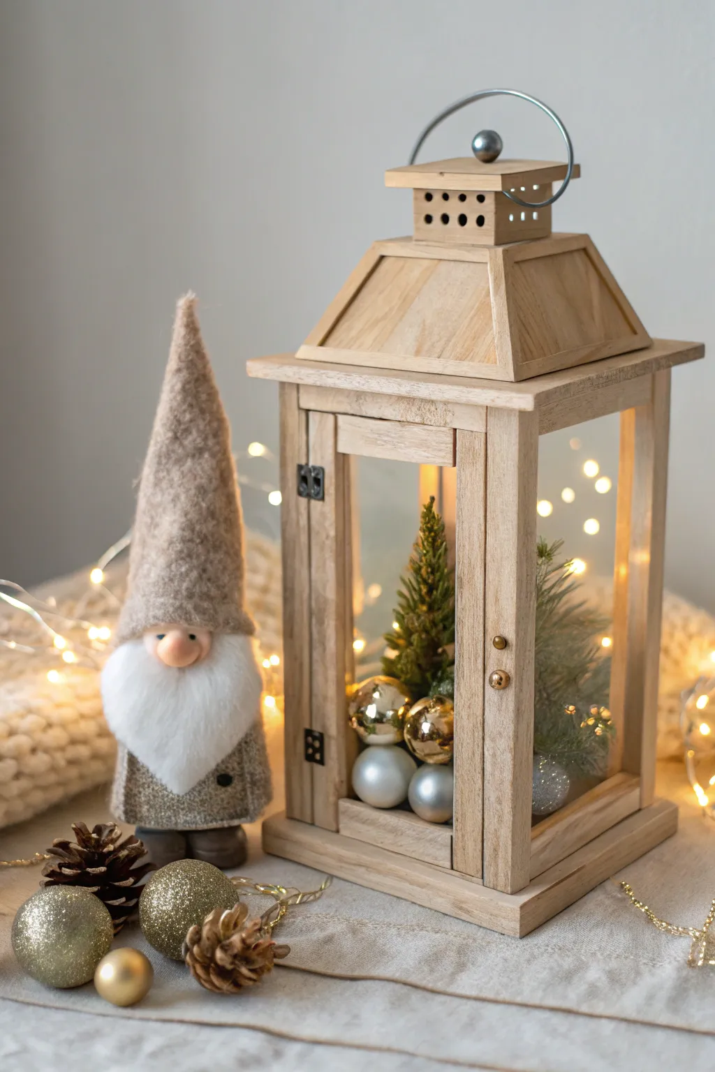 Celebrate the season with Scandinavian charm: a festive lantern filled with baubles and gnomes.